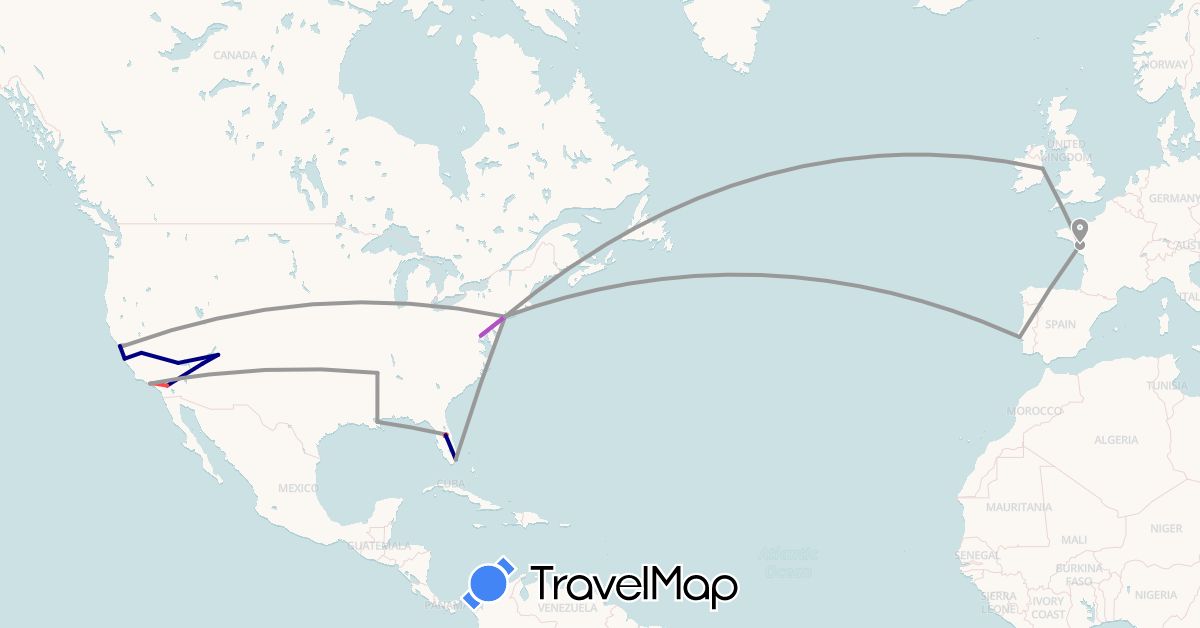 TravelMap itinerary: driving, plane, train, hiking in France, Ireland, Portugal, United States (Europe, North America)